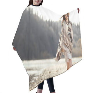 Personality  Woman Hipster Walking On River Beach Hair Cutting Cape