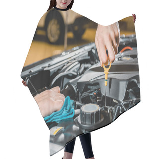 Personality  Cropped Shot Of Auto Mechanic With Rag Checking Automobile Hair Cutting Cape