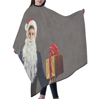 Personality  Businessman In Santa Claus Costume With A Gift In His Hand. Hair Cutting Cape