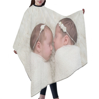 Personality  Profile Headshot Of Two Fraternal Twin Newborn Baby Girls Sleeping And Swaddled In White. Hair Cutting Cape