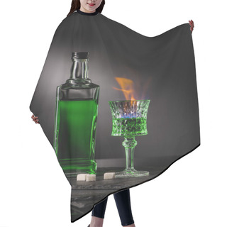 Personality  Close-up Shot Of Bottle And Glass Of Burning Absinthe On Dark Background Hair Cutting Cape