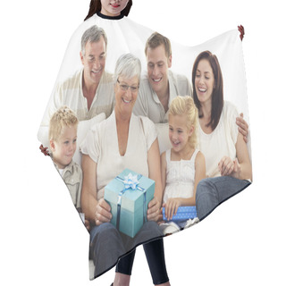 Personality  Family Giving A Gift To Grandmother Hair Cutting Cape