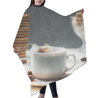 Personality  Brown Sugar Cubes Splashing Into Coffee Cup On Table With Cookies And Spices Hair Cutting Cape