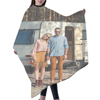 Personality  Hippie Couple In Wreaths And Sunglasses Holding Hands And Posing Near Camper Van  Hair Cutting Cape