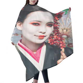 Personality  Selective Focus Of Beautiful Smiling Geisha With Umbrella In Sunlight Hair Cutting Cape