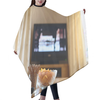 Personality  Television, TV Watching (movie) With Snacks Lying On Table Hair Cutting Cape