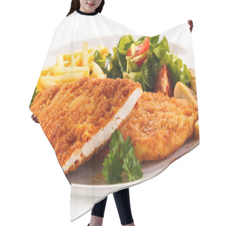 Personality  Detail View Of Chicken Schnitzel With French Fries And Vegetable Salad On White Plate Hair Cutting Cape