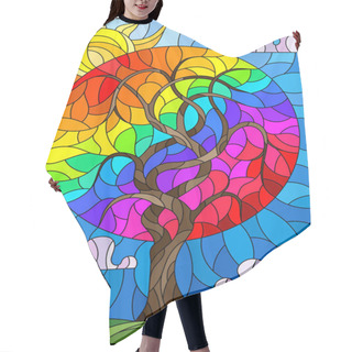 Personality  Illustration In Stained Glass Style With An Abstract Round Rainbow Tree On A Background Of Cloudy Sky And Sun Hair Cutting Cape
