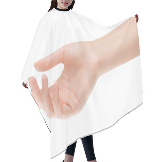 Personality  Empty Open Woman Hand On White Background Hair Cutting Cape
