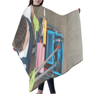 Personality  Top View Of Cleaner In Uniform Carrying Cart With Cleaning Supplies, Panoramic Shot Hair Cutting Cape