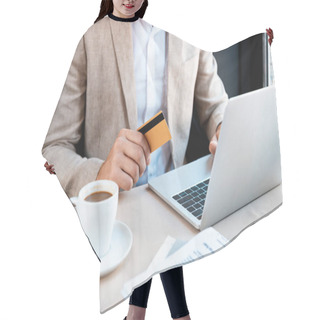 Personality  Cropped View Of Businessman With Credit Card And Laptop In Cafe Hair Cutting Cape