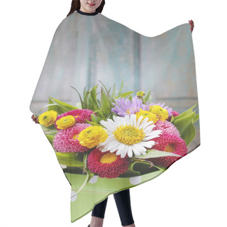 Personality  Bouquet Of Colorful Wild Flowers In Green Dotted Can Hair Cutting Cape