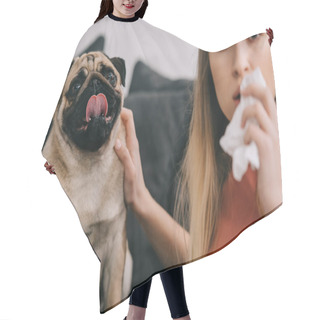 Personality  Selective Focus Of Adorable Pug Dog Near Beautiful Blonde Girl Allergic To Dog Sneezing In Tissue  Hair Cutting Cape