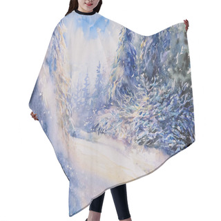 Personality  Watercolor Illustration With Winter Scene Of Magic Forest Covered With Snow. Hair Cutting Cape