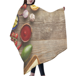 Personality  Top View Of Raw Ingredients For Taco On Wooden Background With Copy Space Hair Cutting Cape