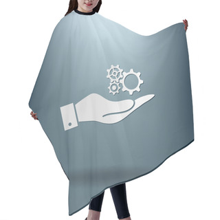 Personality  Hand Holding A Symbol Settings. Cogwheel Hair Cutting Cape