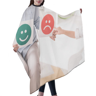 Personality  Cropped Shot Of Psychologist Showing Happy And Sad Emotion Faces Cards To Child Hair Cutting Cape