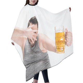 Personality  Overweight Man Covering Face With Hand And Holding Glass Of Beer Isolated On White Hair Cutting Cape