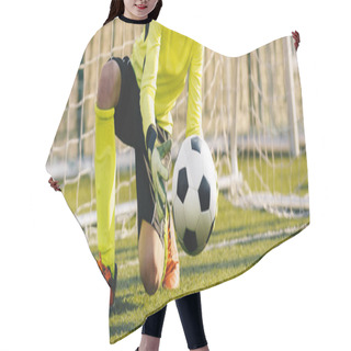 Personality  Young Football Galkeeper Catching Soccer Ball. Soccer Goalie In Action Saving Ball In A Goal Hair Cutting Cape
