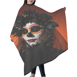 Personality  Portrait Of Woman In Halloween Costume And Sugar Skull Makeup Posing On Red Background  Hair Cutting Cape