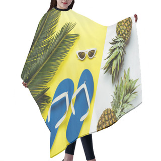 Personality  Top View Of Green Palm Leaves, Pineapples, Sunglasses And Blue Flip Flops On White And Yellow Background Hair Cutting Cape