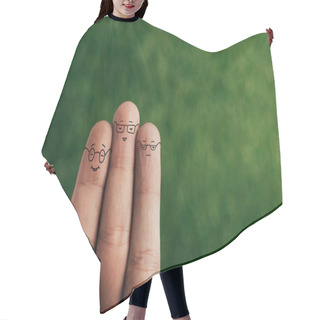 Personality  Cropped View Of Happy Fingers In Eyeglasses On Green Hair Cutting Cape