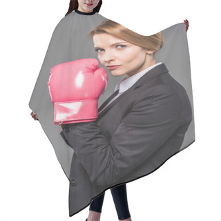 Personality  Beautiful Businesswoman In Suit And Pink Boxing Gloves, Isolated On Grey Hair Cutting Cape
