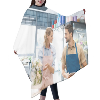 Personality  Florists With Digital Tablet In Flower Shop Hair Cutting Cape