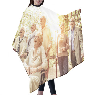 Personality  Group Of Old People Walking Outdoor Hair Cutting Cape