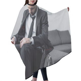 Personality  Depressed Disable Man In Black Suit Sitting In Wheelchair With Closed Eyes Hair Cutting Cape