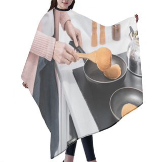 Personality  Cropped View Of Woman With Spatula Cooking Pancakes On Frying Pans Hair Cutting Cape