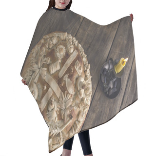 Personality  Festive Baked Bread On Wooden Background. Hair Cutting Cape
