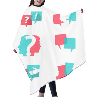 Personality  Set Of Speech Bubbles With People Faces, Handshake And Question Mark Hair Cutting Cape