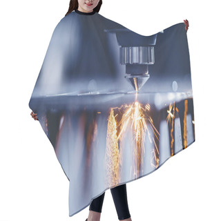 Personality  Laser CNC Cut Of Metal With Light Spark, Technology Modern Industrial. Blue Color Steel Hair Cutting Cape