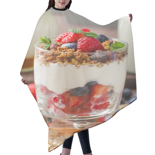 Personality  Yogurt With Baked Granola And Berries In Small Glass Hair Cutting Cape