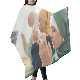 Personality  Side View Of Girl In Hijab Holding Hands Near Face While Praying Near Multiethnic Family  Hair Cutting Cape