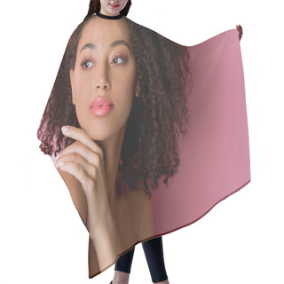 Personality  Portrait Of Attractive Curly Nude African American Girl On Pink Hair Cutting Cape