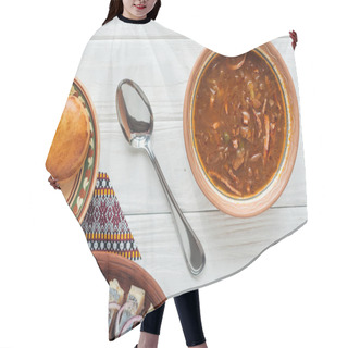 Personality  Top View Of Tasty Traditional Mixed Meat Soup With Mini Pies And Spoon On White Wooden Background Hair Cutting Cape