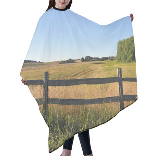 Personality  An Old Wood Fence With A Green Country Field Behind It. Hair Cutting Cape