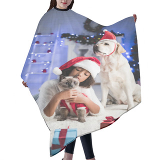 Personality  African American Girl Cuddling Cat While Lying On Floor Near Labrador Dog And Christmas Gifts On Blurred Background Hair Cutting Cape