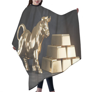 Personality  Golden Ingot And Bull On Black Background. Bull Stock Exchange Market Trend In Gold. 3d Illustration Hair Cutting Cape