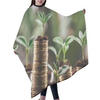 Personality  Coins With Soil And Green Leaves, Financial Growth Concept Hair Cutting Cape
