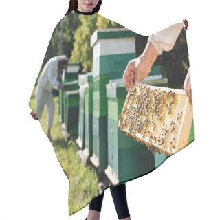 Personality  Beekeeper With Honeycomb Frame Near Blurred Colleague Working On Apiary Hair Cutting Cape
