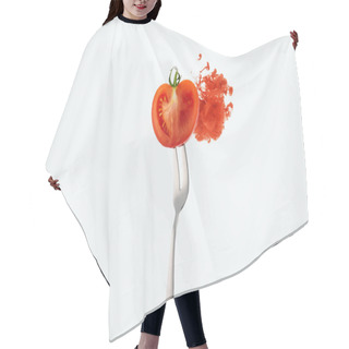 Personality  Half Of Tomato On Fork And Red Ink Isolated On White Hair Cutting Cape