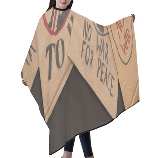 Personality  Top View Of Cardboard Placards With No War Lettering On Black Background, Panoramic Shot Hair Cutting Cape
