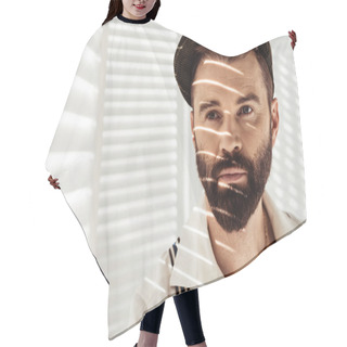 Personality  Handsome Bearded Man In Cap Near White Room Divider Hair Cutting Cape