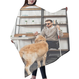 Personality  Blind Man With Walking Stick Playing With Golden Retriever At Home Hair Cutting Cape