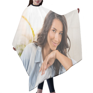 Personality  Smiling Young Woman  Hair Cutting Cape