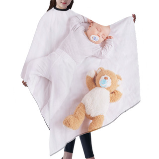 Personality  High Angle View Of Adorable Little Boy With Baby Dummy Sleeping With Teddy Bear  Hair Cutting Cape