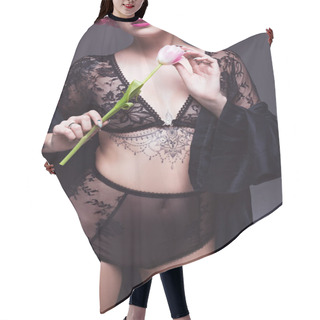 Personality  Cropped Image Of Tattoed Girl In Transparent Lingerie With Flower Infront Of Grey Background Hair Cutting Cape